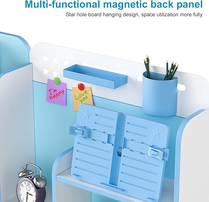 Kids Desk and Chair Set, Height Adjustable Kids Study Table and Chair Set, Children School Desk with Storage Drawer and Book Stand, Ergonomic Child Toddler Deskwith Sitting Posture Corrector (Blue 5)