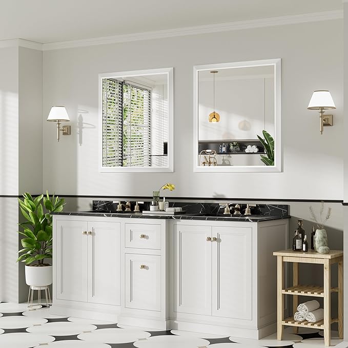 36x32 Inch White Bathroom Mirror for Wall, Thick Metal Framed Rectangle Mirrors for Over Sink, Bedroom, Living Room, Entryway, Anti-Rust, HD Tempered Glass