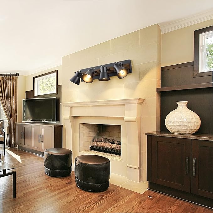 SEEBLEN 4-Light Kitchen Light Fixtures - Adjustable Ceiling/Wall Mount Spotlight, Industrial Black Track Lighting for Living Room, Dining Room, Hallway, Bathroom