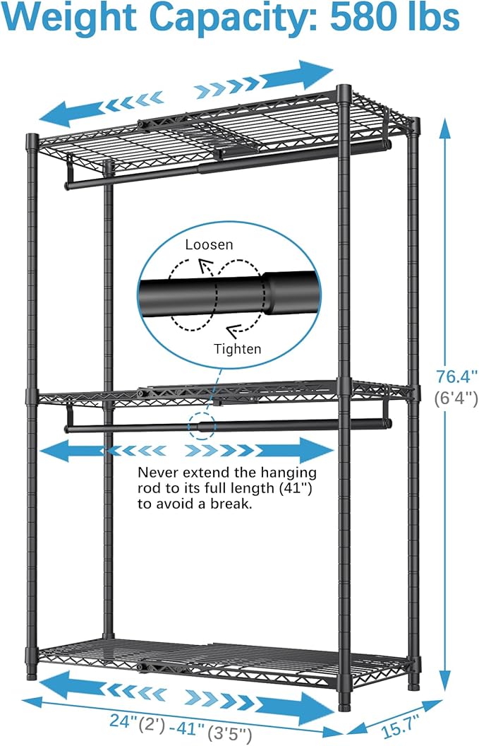 VIPEK X1 Expandable Clothes Rack Heavy Duty Adjustable from 2' to 3'5" with Adjustable Shelves and Hanger Rods, Reach-in & Walk-in Closets Metal Garment Racks Portable Closet, Black