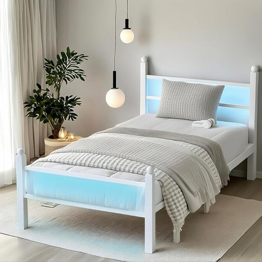 Twin Bed Frame with Headboard and Footboard,Steel Slats Support-LED Bed Frame with USB Charging Station,Mattress Foundation-Under Bed Storage,No Box Spring Needed,Noise Free,White