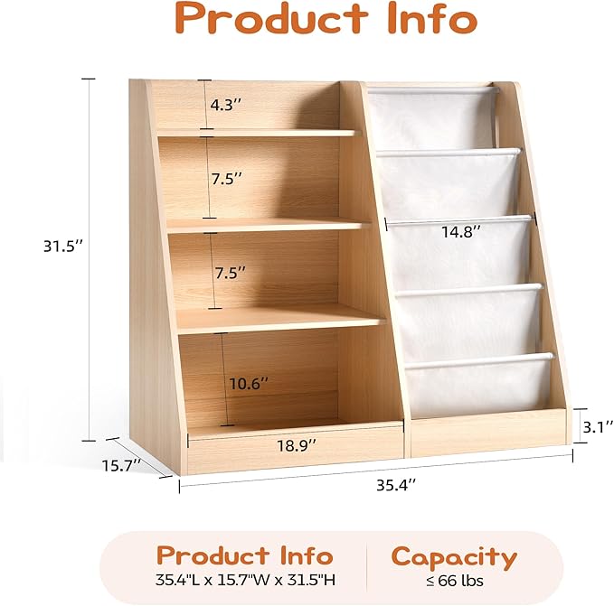 4 Tier Kids Wooden Bookshelf Baby Toddler Bookshelf and Toy Storage Organizer with Four Layer Sling Bookcase for Kids Room Playroom Nursery Classroom