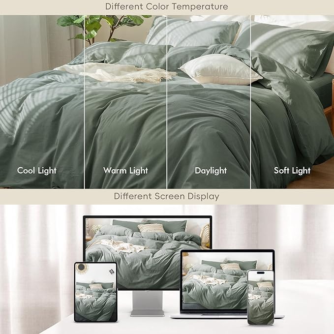MooMee Bedding Duvet Cover Set 100% Washed Cotton Linen Like Textured Breathable Durable Soft Comfy (Heathered Green, Super Queen 90"x98")
