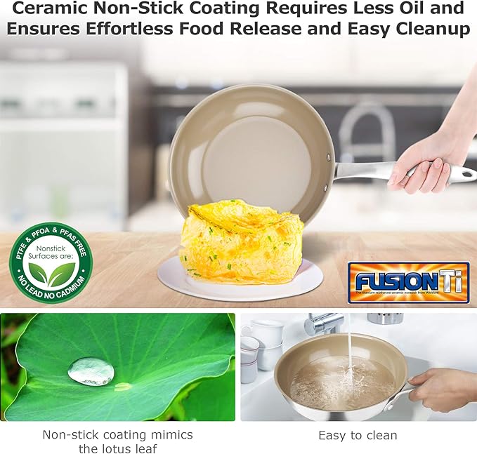 Duxtop Ceramic Non-stick Frying Pan, Stainless Steel Induction Frying Pan, 9.5-Inch Stir Fry Pan with Heavy-gauge Impact-bonded Bottom, FUSION Ti