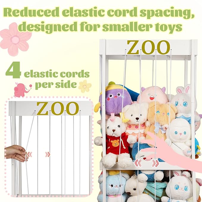 Trycooling Stuffed Animal Zoo Stuffed Animal Storage Wood Plushie Storage Stuffed Animals Zoo Storage Cage with Zoo Pattern Elastic Band for Nursery Play Room Bedroom (White)