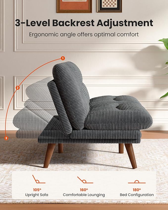 Pipishell Futon Sofa Bed, Modern 66" Futon Couch Convertible to Bed & Lounger, Compact Size, Comfortable Cushions, Durable Construction - Fits Small Spaces, Corduroy (Volcanic Gray, 66 Inch)