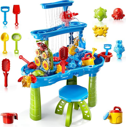 3-Tier Kids Water Table for Toddlers Kids Ages 3-5 4-8, Summer Outdoor Water Table Beach Kids Toys, Toddler Sensory Activity Sand Box Play Set with Rain Showers Splash Pond for Boys Girls