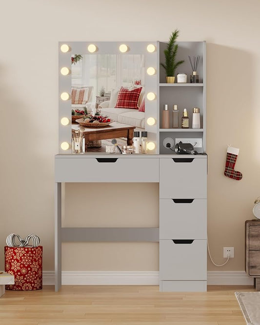 Garvee Vanity Desk with Mirror and Lights - Makeup Vanity Desk with 4 Drawers, Built-in Power Outlet & USB, Adjustable LED Lighting, Makeup Table for Bedroom (Grey)