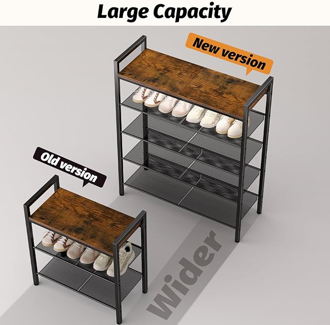 Shoe Rack for Front Door Entrance, 5 Tier Shoe Rack for Entryway, 16-20 Pairs of Shoes, Metal Shoe Rack Organizer, Free Standing Shoe Rack for Closet (Black+Rustic Brown)