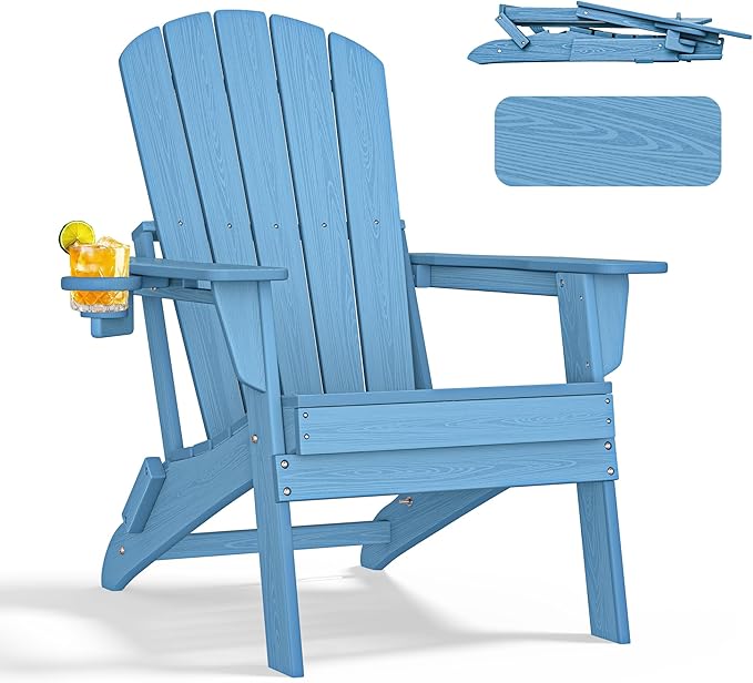 nevilywood Folding Adirondack Chair with Cup Holder,All-Weather Adirondack Chair,Patio Chair,HDPE-Wooden Textured Lawn Chair- Light Blue
