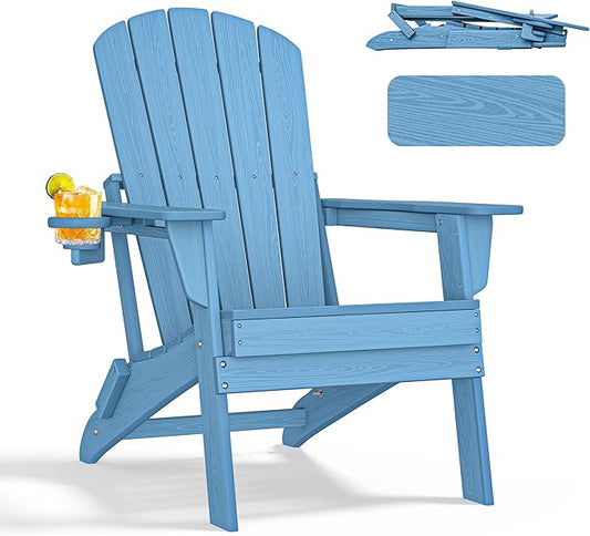 nevilywood Folding Adirondack Chair with Cup Holder,All-Weather Adirondack Chair,Patio Chair,HDPE-Wooden Textured Lawn Chair- Light Blue