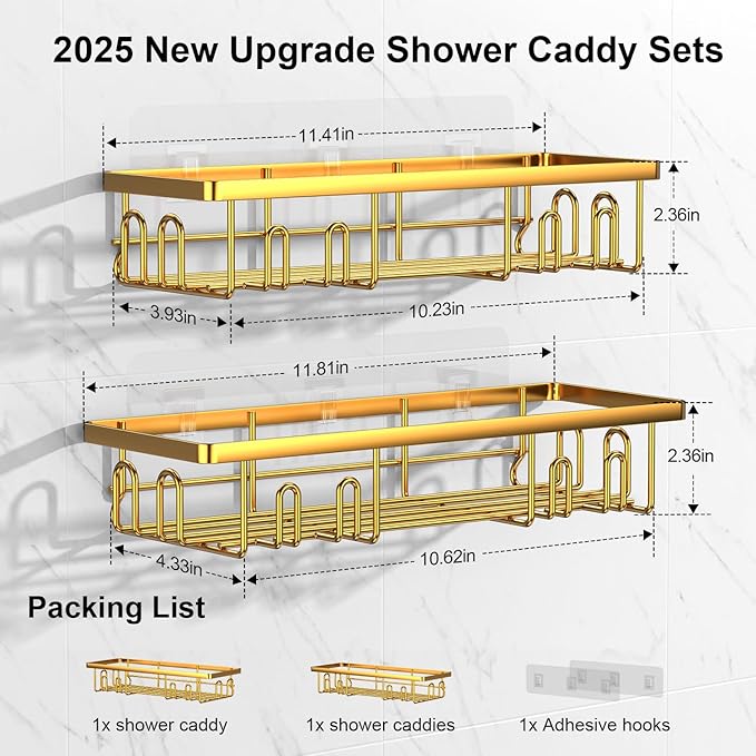 2025 New Adhesive Shower Caddy, Shower Shelves with 16 Hooks, Golden 2 Pack