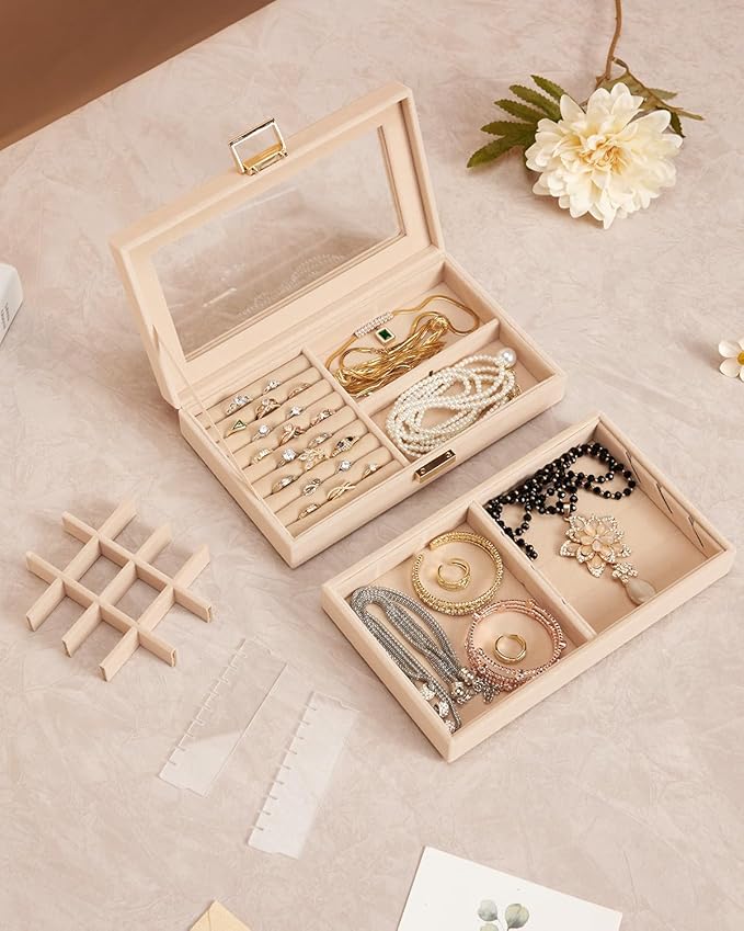Homde Jewelry Tray Stackable Jewelry Box Drawer Organizer with Glass Lid, Removable Dividers for Vanity Table Gift Idea for Girls and Women(Apricot)