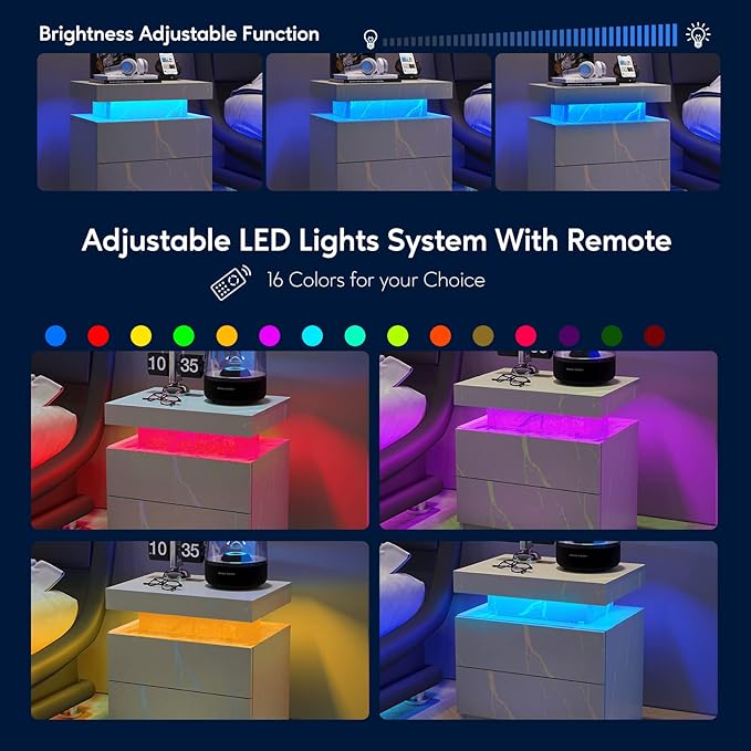 LED Nightstands Set of 2, Modern End Side Table with 2 Drawers, LED Bedroom Furniture for Bedroom and Living Room, Grey Marble Pattern