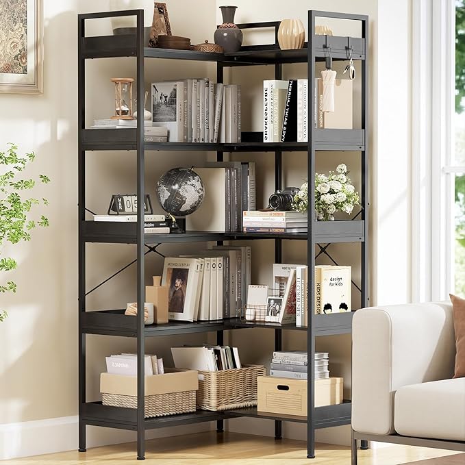 KOUSEI 5-Tier L-Shaped Reversible Corner Bookshelf, 65" Black Industrial Wood & Metal Bookcase, Wide Open Shelves + 4 Hooks for Living Room/Bedroom/Home Office