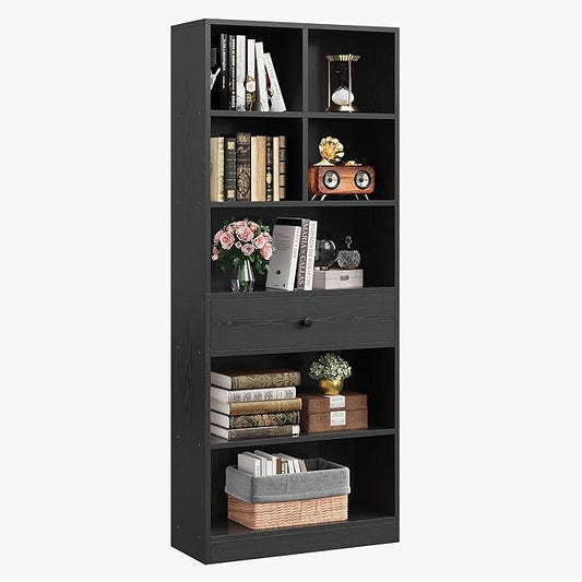 IRONCK Bookcase and Bookshelves, 70" Tall Bookshelf Floor Standing 6 Tiers Display Storage Shelves, Book Shelf with Drawers for Home Office, Living Room, Bedroom, Library, Black