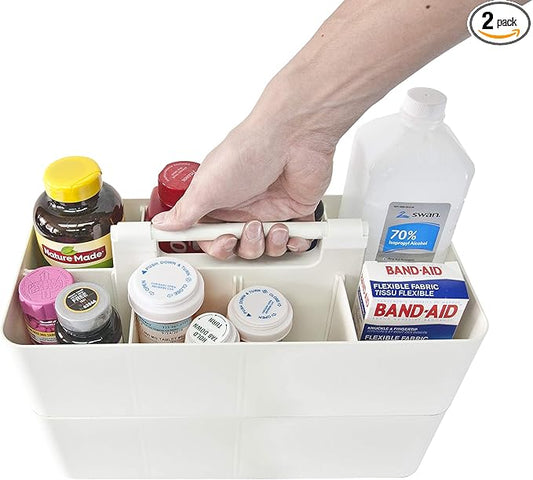 2 PACK - Portable DIY 8 Dividers Durable Plastic Organizer Tote Tool, Supply, Vanity Storage Home Office School Makeup Cleaning Caddy with Handle Made In USA (Ivory)