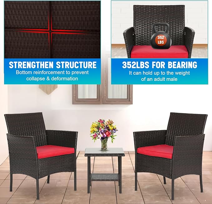 FDW 3 Piece Bistro Conversation Set Patio Brown Wicker Chairs Furniture Outdoor Furniture Set 2 Rattan Chairs with Red Cushions and Glass Coffee Table for Porch Lawn Garden Balcony Backyard