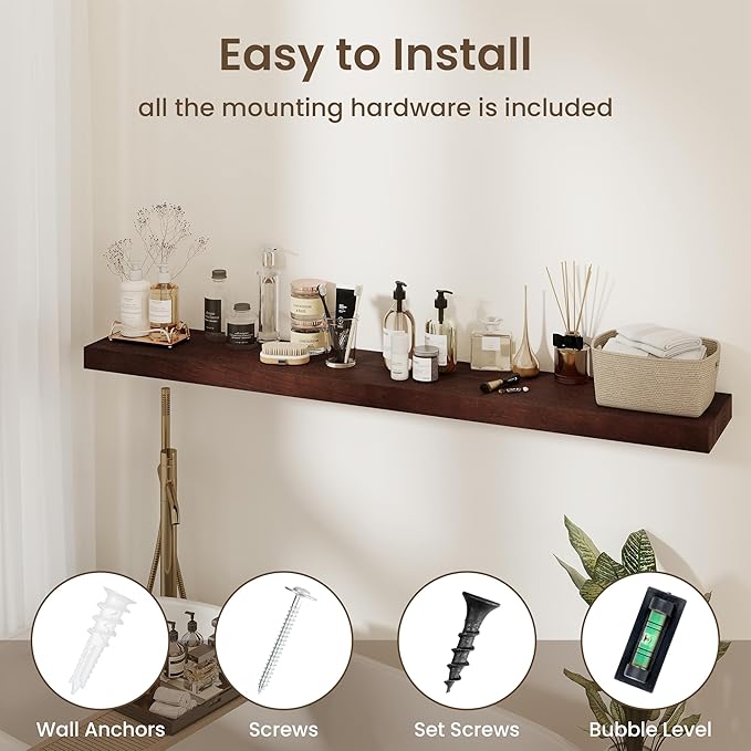 fuqing 55 Inch Wide x 9.3 Inch Deep Natural Wood Floating Shelves - Set of 1 - Country Rustic Style - Wall Mounted - Extra Deep and Thick - 15 lbs Capacity