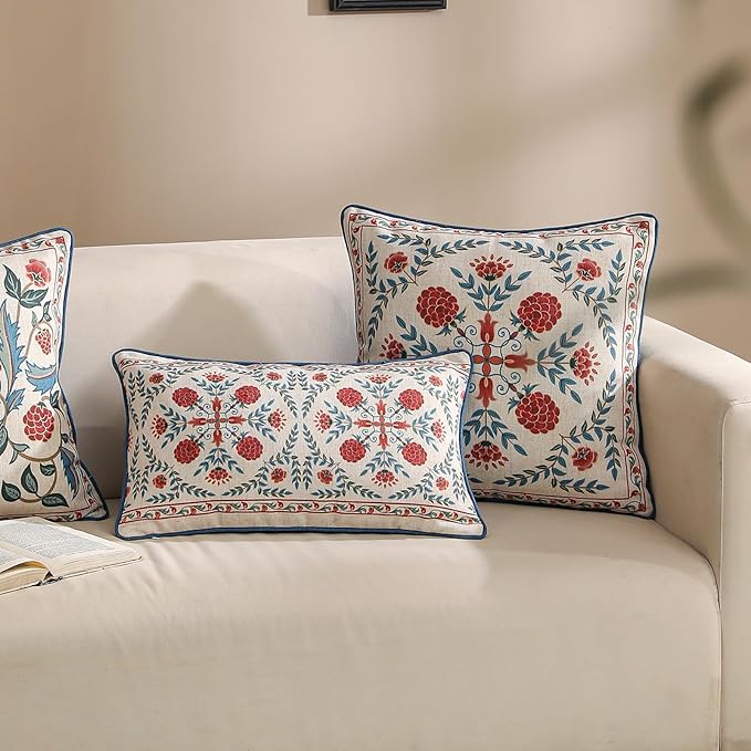 patdrea Designer Throw Pillow Covers Set of 2,Lumbar Brilliant Vintage Red Tropical Linen with Floral Pattern Pillow Cover,Decorative Rectangle Pillowcases Cushion for Bed Living Room,12"x20"