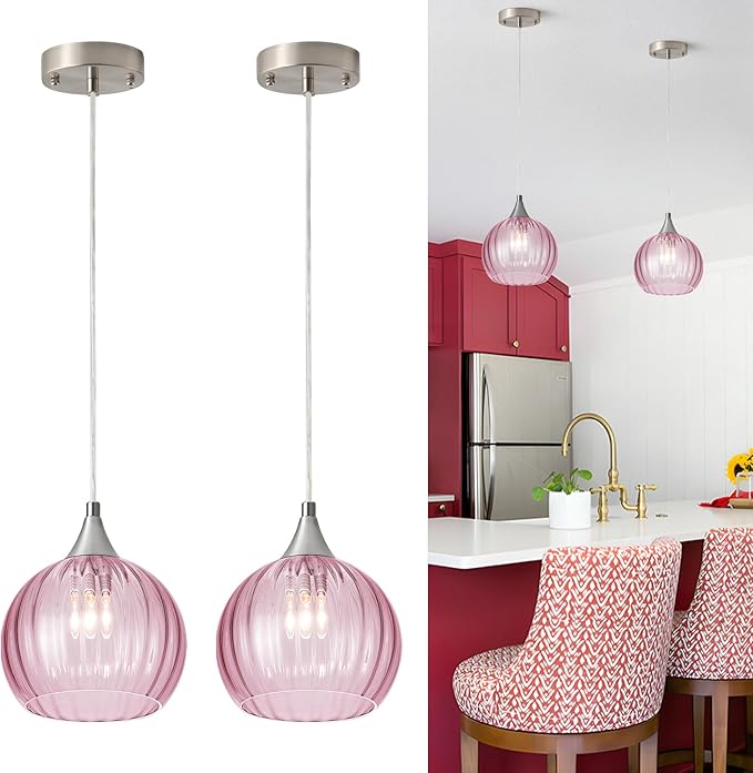 Brushed Nickel Pendant Lights Kitchen Island, Globe Pendant Light Fixtures with 8 Inch Clear Glass Shade, Modern Hanging Light Fixtures for Kitchen, Bedroom (2 Pack - Pink Glass Pendant Light)