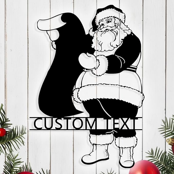 Personalized Christmas Santa Claus Metal Sign, Custom Name Santa Claus Metal Sign Wall Decor, Merry Christmas Holiday Wall Decoration for Home Living Room, Bedroom, Office, Garden, Porch