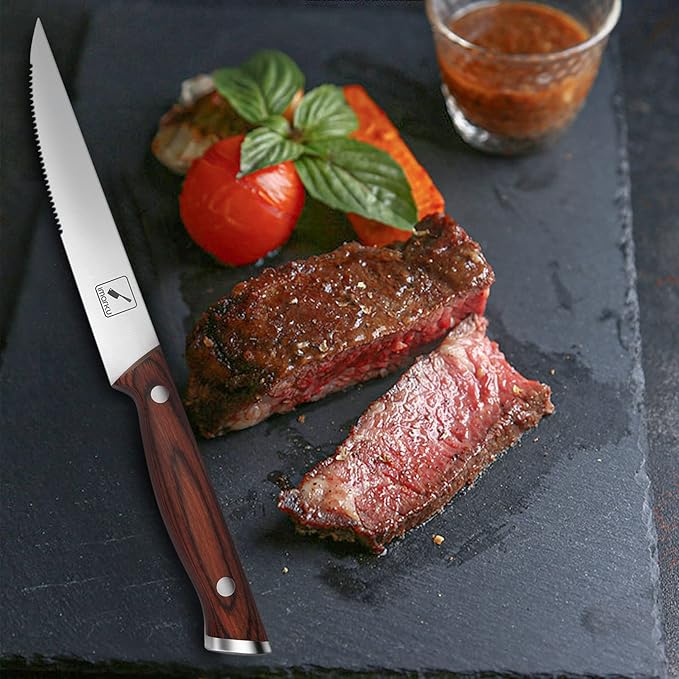 imarku Steak Knives, Serrated Steak knives Set of 6, Japanese HC Steel Knife Set, Premium Serrated Carbon Stainless Steel Steak Knife with Gift Box,9 Inches/Piece, Silver