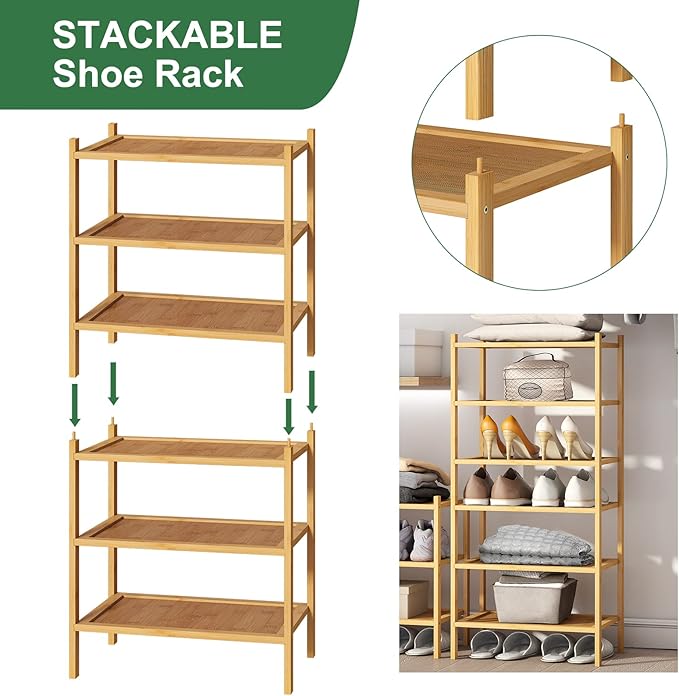 Small Shoe Rack, Bamboo Wood Shoe Rack for Entryway, Stackable | Foldable | Natural, 3-Tier Shoe Organizer for Hallway Closet, Free Standing Shoe Racks for Indoor & Outdoor