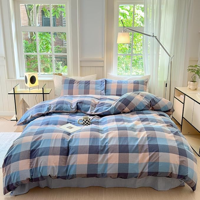 FACE TWO FACE Bedding Duvet Cover Set100% Washed Cotton Duvet Cover Linen Like Textured Breathable Durable Soft Comfy (King, Cardamom Blue Grid)