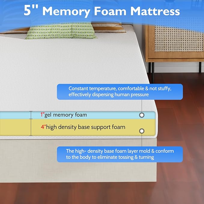 FDW 5 Inch Gel Memory Foam Mattress Medium-Firm Mattress for Pressure Relief & Cooler Sleep Mattress for Kid Adults CertiPUR-US Certified Mattress in a Box,Twin XL
