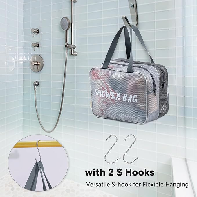 Large Mesh Shower Caddy with Wet & Dry Zones – Portable Hanging Toiletry Bag for College Dorm Room Essentials, Travel, Gym, Camping, Beach Tote Bag – Quick-Dry Shower Tote Organizer
