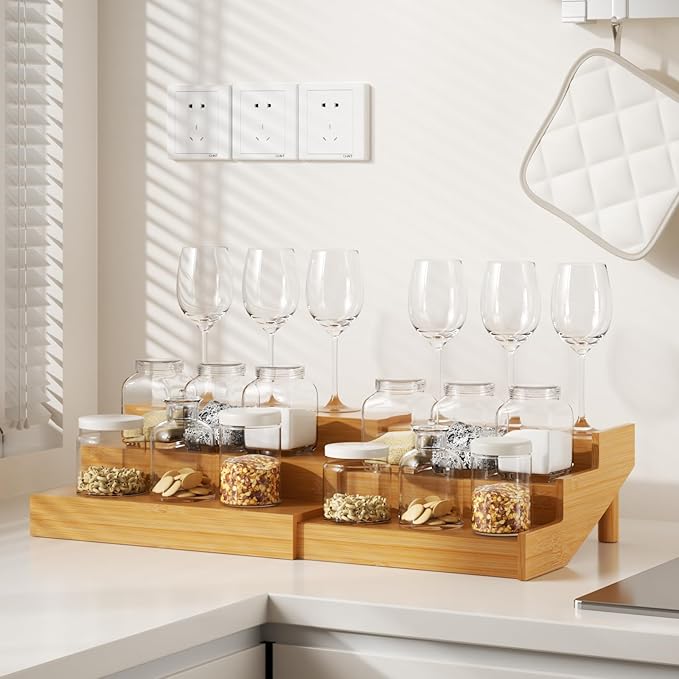 Spice Rack, Bamboo Spice Rack Kitchen Cabinet Organizer Expandable - Bamboo 3 Tier Figurine Display Shelf, Adjustable 3 Tier Spice Racks