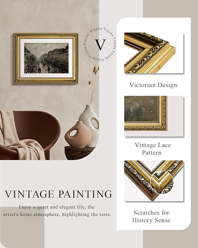 VIYYIEA Gold Framed Wall Art Canvas Print Home Decor for Living Room Classical Cityscape Artwork Wall Decorations Vintage Canvas Prints Parisian Street Bathroom Farmhouse Wall Pictures Office 11x14in