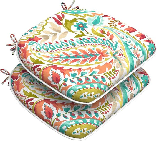 Set of 2 Outdoor Chair Cushions with Ties,Water Repellent Patio Chair Pads 17"x 16" for Outdoor Furniture,Round Corner Seat Cushions for Garden Yard Kitchen Pretty Paisley