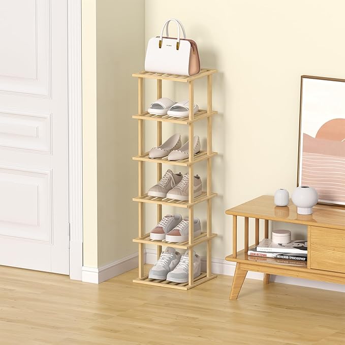 6-Tier Bamboo Shoe Rack - Vertical Shoe Rack for Small Spaces, Tall Narrow Shoe Rack Organizer for Closet Entryway Corner Garage and Bedroom,Free Stackable DIY，Primary Colours