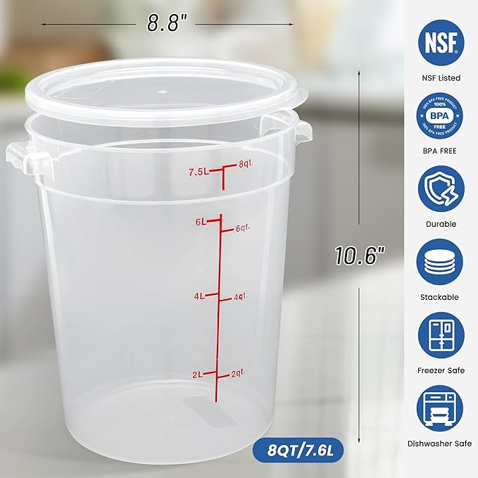 4 Pack 8QT Round Food Storage Containers with Lids, BPA-Free Polypropylene NSF Commercial Food Container, with Labels & Measuring Cup