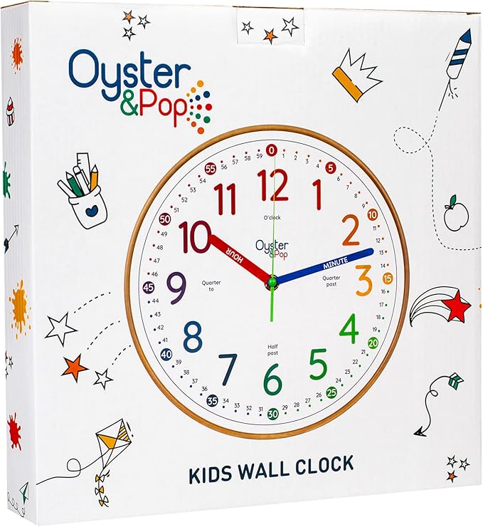 Oyster&Pop Kids Learning Wall Clock - Silent Non-Ticking Analog 10 Inch Teaching Clock for Classrooms & Bedrooms - Makes Telling Time Easy for Kids
