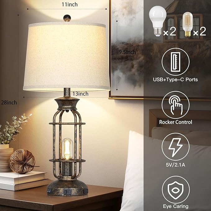 28" Vintage Table Lamps for Living Room, Industrial Farmhouse Table Lamp with USB C+A Ports & Outlet, Rustic Nightstand Bedside Lamps with 2 Night Light for Bedroom End Tables Bronze, 4 Bulbs Included