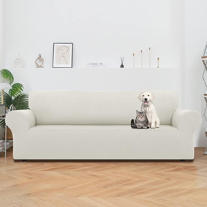 LURKA Stretch Oversized Sofa Slipcovers 1 Piece Couch Covers for 3 Cushion Couch Sofa Furniture Protector Full Sofa Covers with Elastic Bottom for Kids and Pet (X-Large, Ivory)