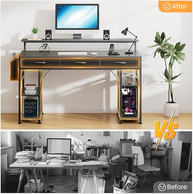 Black Gaming Desk with LED Lights and Power Outlets, 55 Inch Computer Desk with 3 Drawers and Adjustable Monitor Stand, Home Office Desks with Charging Station USB Port, Study Writing Table