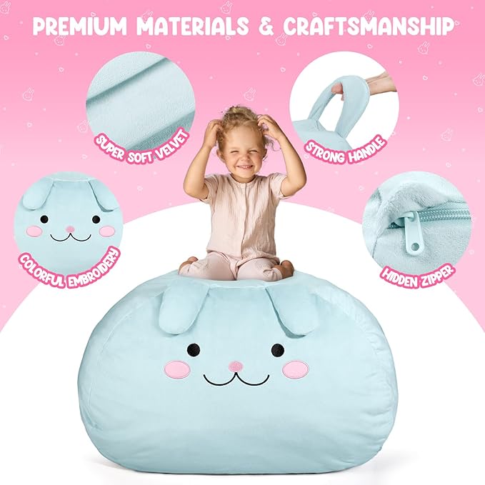 GAGAKU Stuffed Animal Bean Bag Cover Toy Storage, 24 Inches Kids BeanBag Crystal Blue Rabbit Large Zipper Bean Bag for Organizing Kids Plush Toys Home Supplies