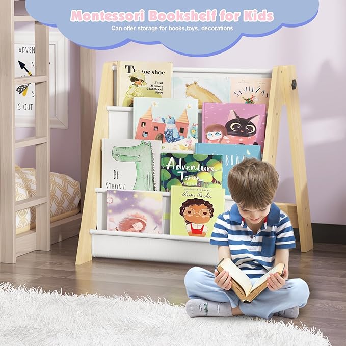 NACHES 4-Tier Foldable Kids Bookshelf, Large Capacity Montessori Sling Bookcase with 4 Deep Fabric Pockets, Magazine and Book Storage Rack for Nursery, Kids Room, Bedroom, Playroom (Burlywood)