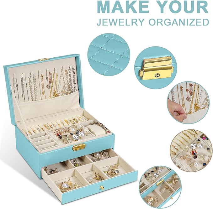 2-Layer Jewelry Box for Women, Jewelry Organizers and Storage with Removable Jewelry Tray, Vintage Quilted Top Lockable Jewelry Holder Gift Idea Sky Blue