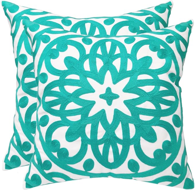 Alysheer Floral Embroidered Fall Decorative Throw Pillow Cover 18"x 18" Set of 2, Boho Mandala Embroidery Turquoise Green Patterned Cushion Case for Sofa Couch Living Room Bedroom Outdoor