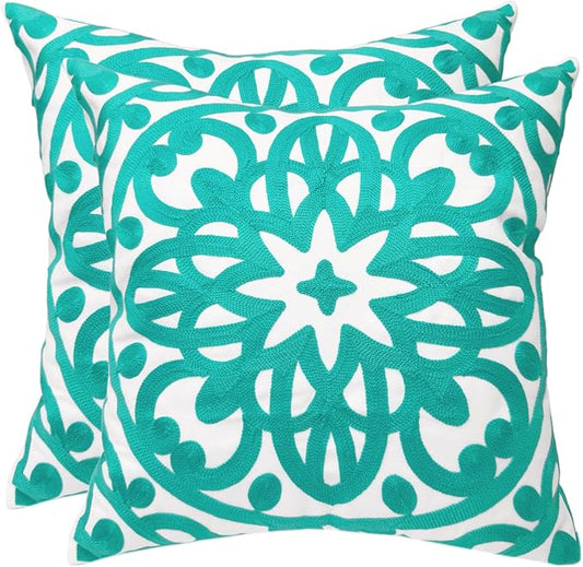 Alysheer Floral Embroidered Fall Decorative Throw Pillow Cover 18"x 18" Set of 2, Boho Mandala Embroidery Turquoise Green Patterned Cushion Case for Sofa Couch Living Room Bedroom Outdoor