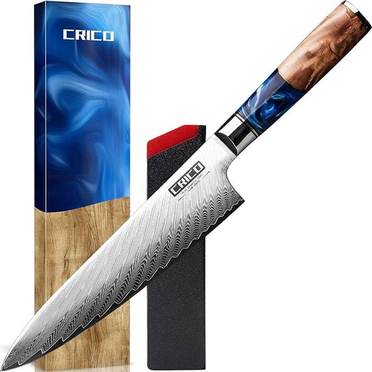 CRICO Damascus Chef Knife 8 inch, Professional Kitchen Knives with Sheath, Forged Japanese VG10 67-Layers Super Steel, Stable-Wood&Resin Handle, Razor Sharp, Gift Box - Flow Series