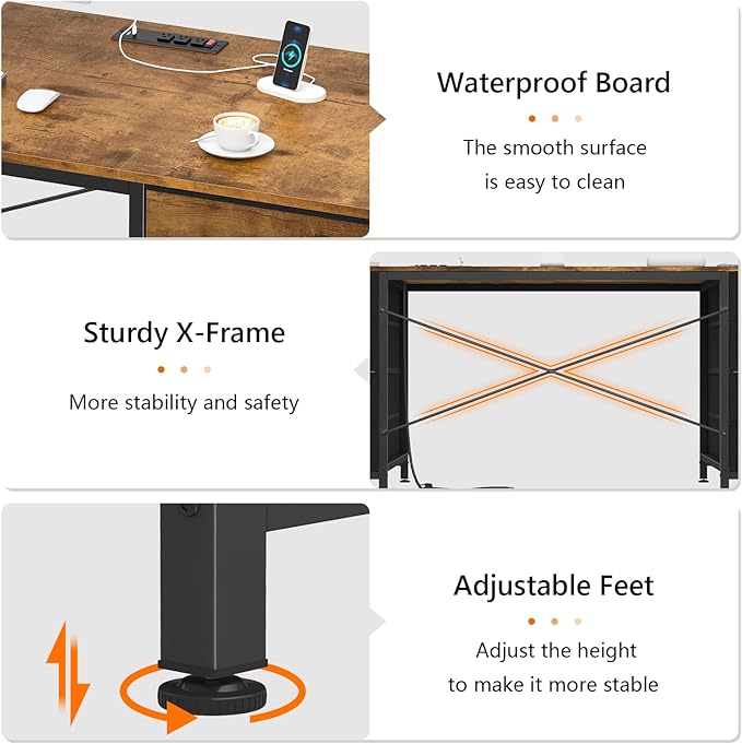 60 Inch Computer Desk with 8 Drawers, Home Office Desk with Power Outlets, Work Study Gaming Desk with 8 Fabric Drawers, Rustic Brown