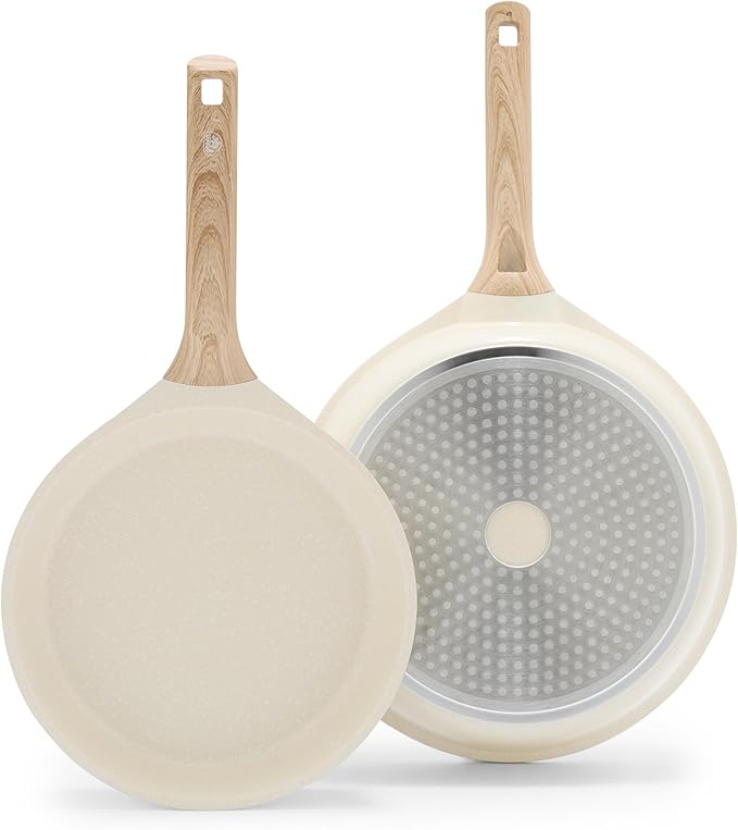 GreenLife Nonstick 2 Piece Frying Pan Set, 9.5" & 11" Skillets Ceramic PFAS-Free Nontoxic, Induction Suitable, Wood Print Handles, Stay-Cool Handles, Deep Cooking Skillets, Egg Pan, Granite Cream