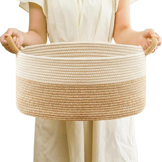 Small Woven Laundry Basket, Cotton Rope Storage Basket for Bedroom, Nursery & Bathroom – Toy Storage Organizer (Small(21.65" L x 12.6" W x 8.46" H))