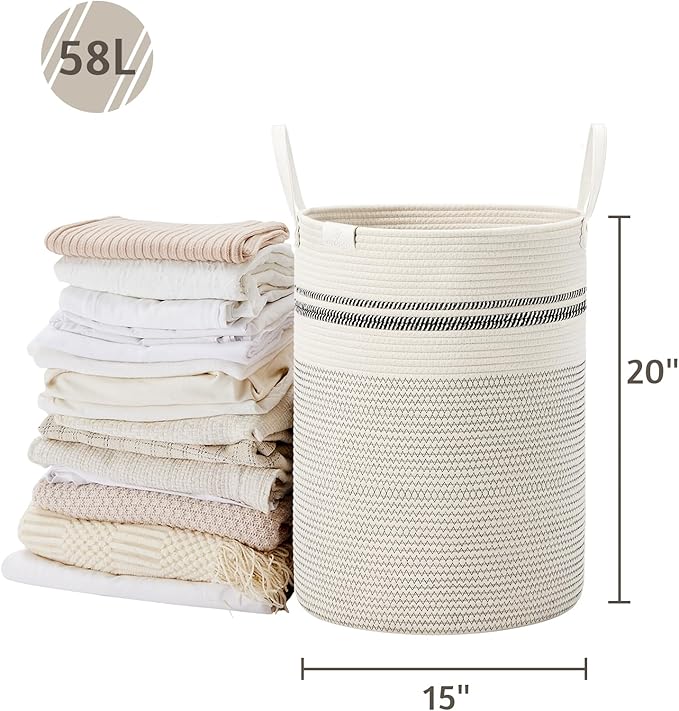 VIPOSCO Tall Laundry Basket, Large Dirty Clothes Hamper with Leather Handle, Woven Rope Storage Basket for Blanket, Toy In Living Room, Bathroom, Bedroom - 58L Stripe White